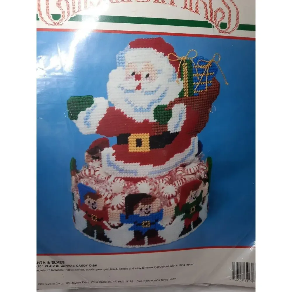 Vintage 1990 Bucilla Christmas Santa & Elves 61139 Plastic Canvas Candy Dish